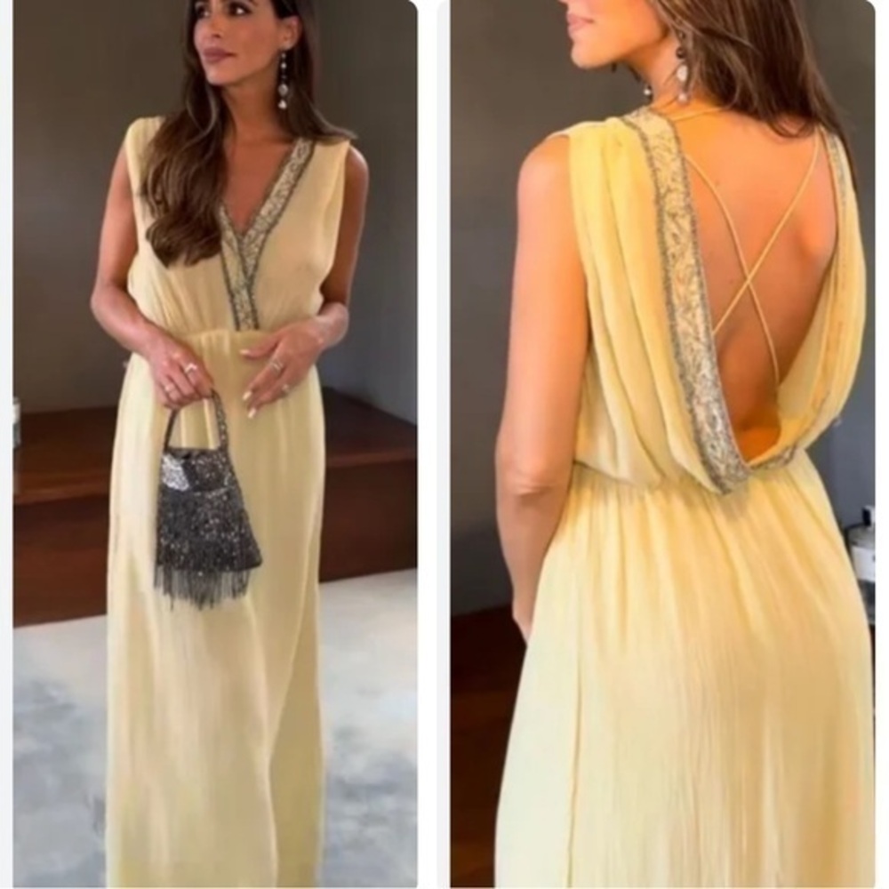 Zara Pale Yellow Beaded-Trim Grecian Maxi Dress
